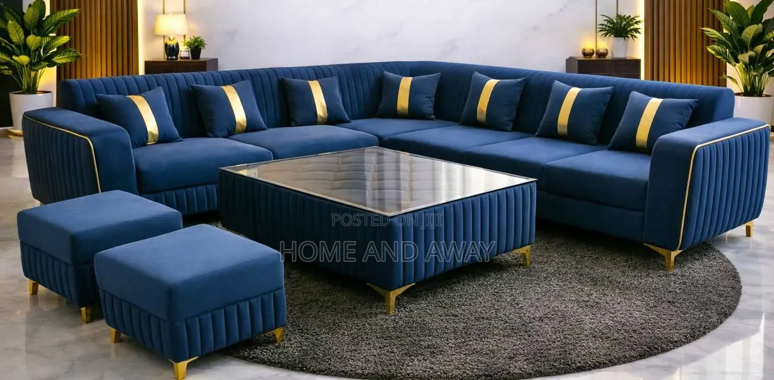Blue L Sofa Sets With Center Table Two Ottoman Poufs in Any Material