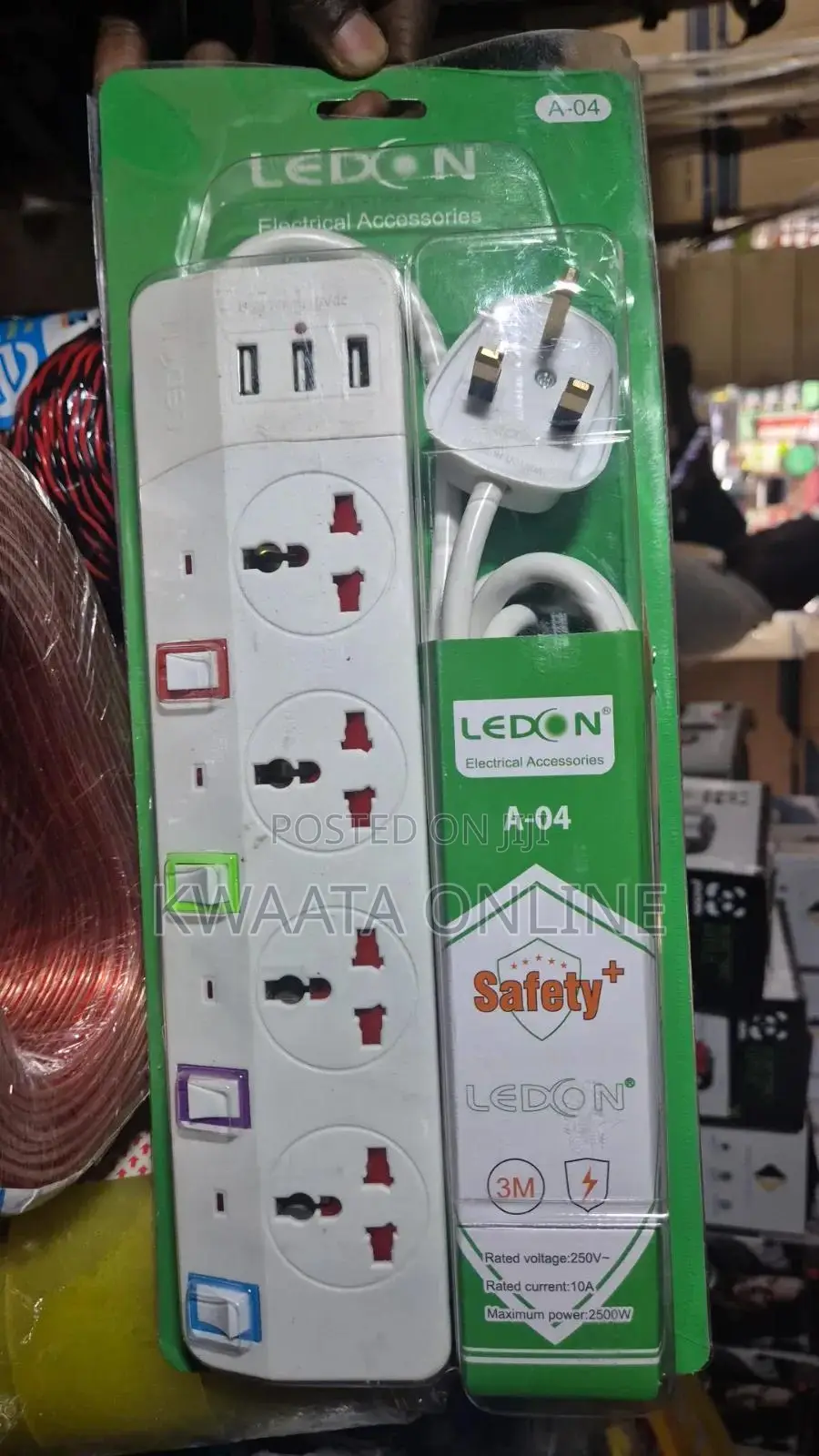 Ledon 4-Way Socket Power Extension Cable With 3 Usb Charging Ports