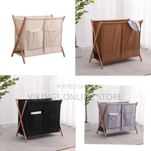 Modern Double Laundry Hamper With X-Frame Wooden Stand - Multicolor