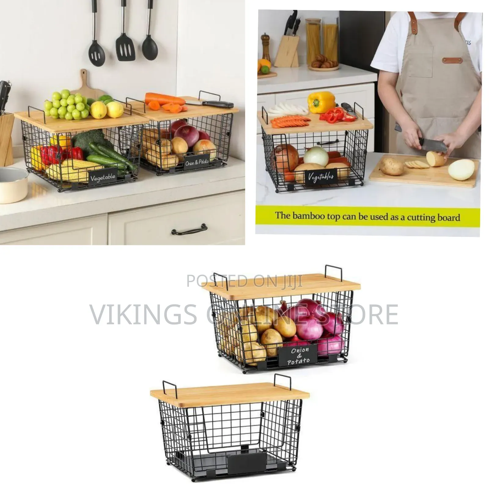 Versatile Stackable Wire Storage Baskets With Wooden Lids - Multicolor