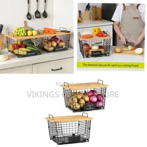 Versatile Stackable Wire Storage Baskets With Wooden Lids - Multicolor