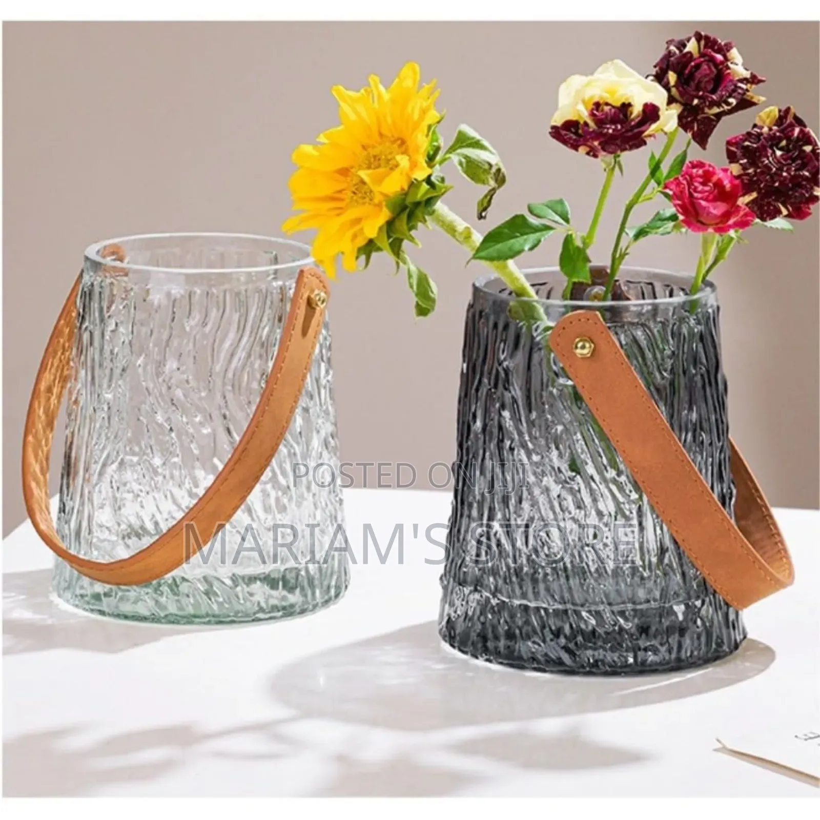 Modern Textured Glass Vases Featuring Brown Pu Leather Handles. [
