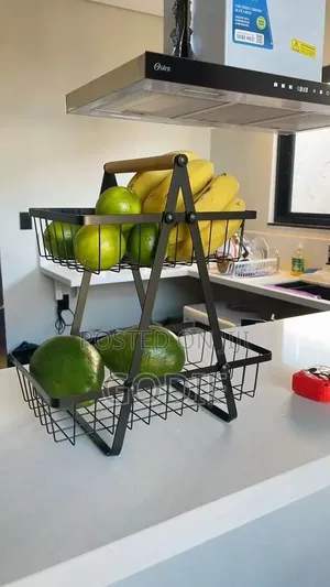 2-Tier Black Metal Countertop Fruit Baskets With Wooden Handles.