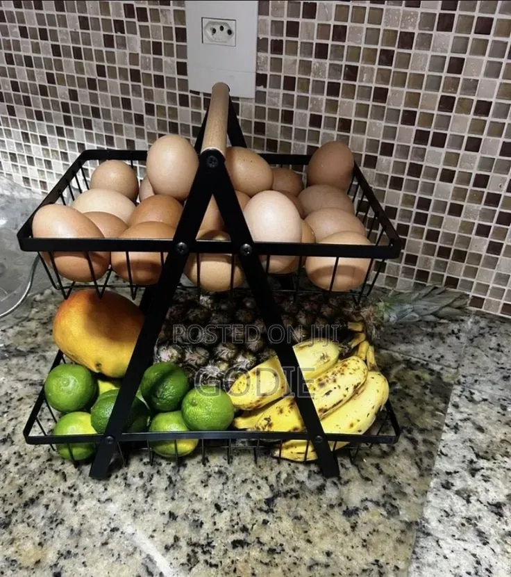 2-Tier Black Metal Countertop Fruit Baskets With Wooden Handles.