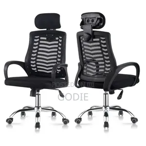 Modern Black Mesh Executive Office Chair With an Adjustable Headrest.
