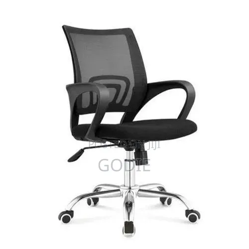 360-Degree Rotating Black Mesh Back Office Chair With a Chrome Base.