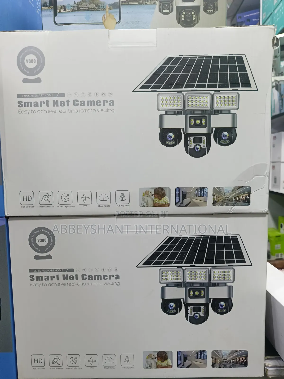 V380 Pro 3-Lens Solar-Powered PTZ Security Cameras/ Led Floodlights.