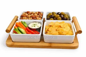 Ceramic Divided Serving Dishes and Bamboo Tray