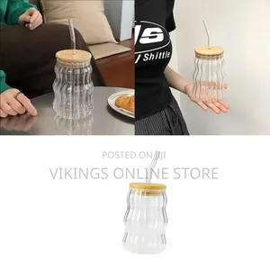 Wave Ripple Glass Drinking Tumbler With Wooden Lid and Glass Straw