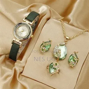 4in1 Women's Watch + Necklace + Ring + Earrings Set - Malachite Green