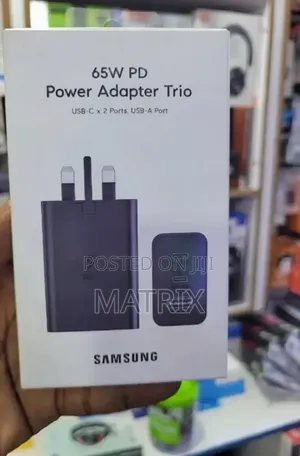 Samsung 65w Pd Power Adapter With Two Usb-C Ports and One Usb-a Port.