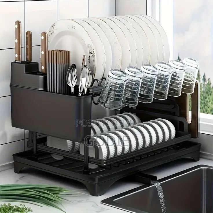 2-Tierdish Drying Rack With a Utensil Holder and Drainboard.