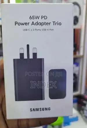 Samsung 65w Pd Power Adapter With Two Usb-C Ports and One Usb-a Port.