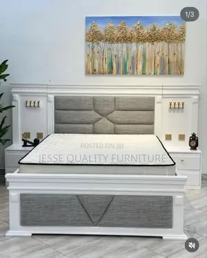 White King Size Bed With Gray Fabric