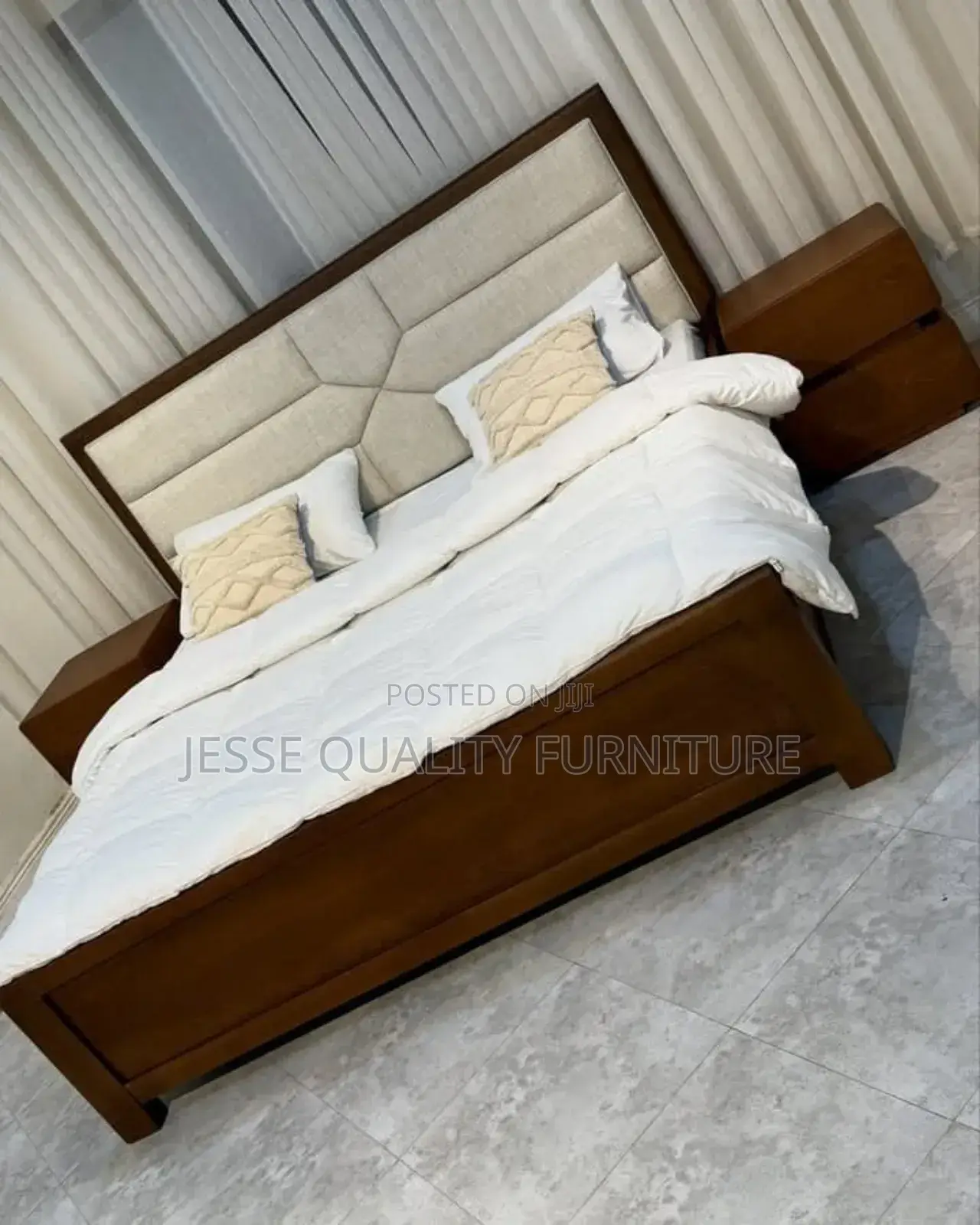 Wooden Gray Fabric King Size Bed