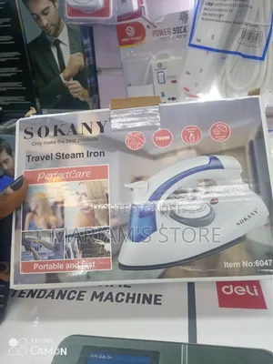 Portable Travel Steam Iron With a Foldable Handle and Blue Accents.