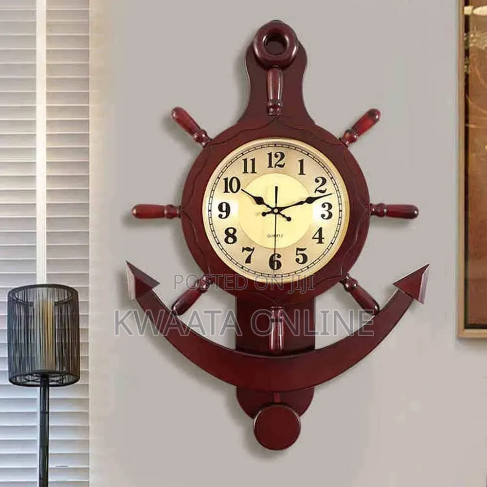 Luxury Nautical Ship Wheel Clock Anchor Wall Decor Wood Quartz Style
