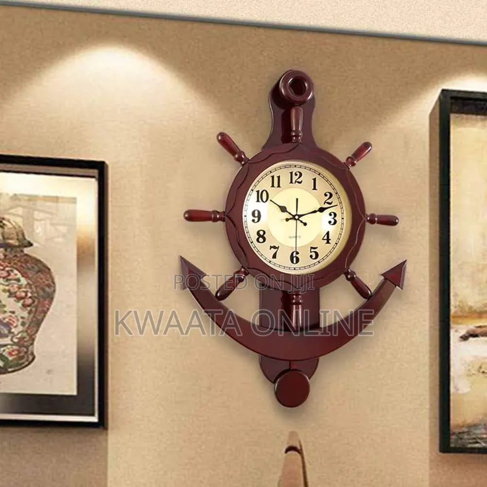 Luxury Nautical Ship Wheel Clock Anchor Wall Decor Wood Quartz Style