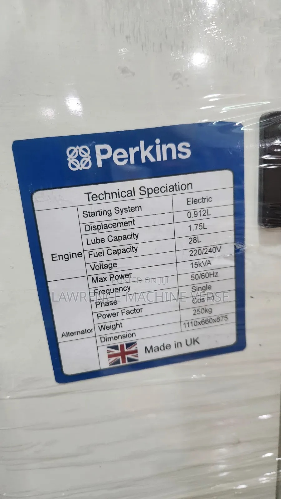 Water Cooled Diesel Generator 15kva Perkins Single Phase