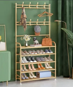 Fully Metallic Large Golden Shoe Rack With Coat