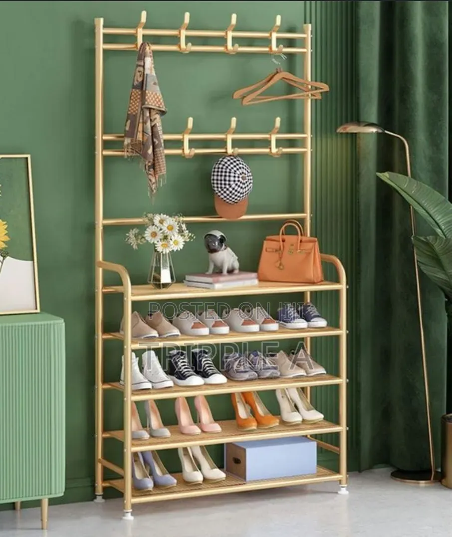 Fully Metallic Large Golden Shoe Rack With Coat