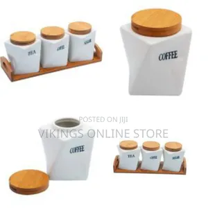 Ceramic Twisted Tea Coffee Sugar 3 Canisters Set With Wooden Wavey