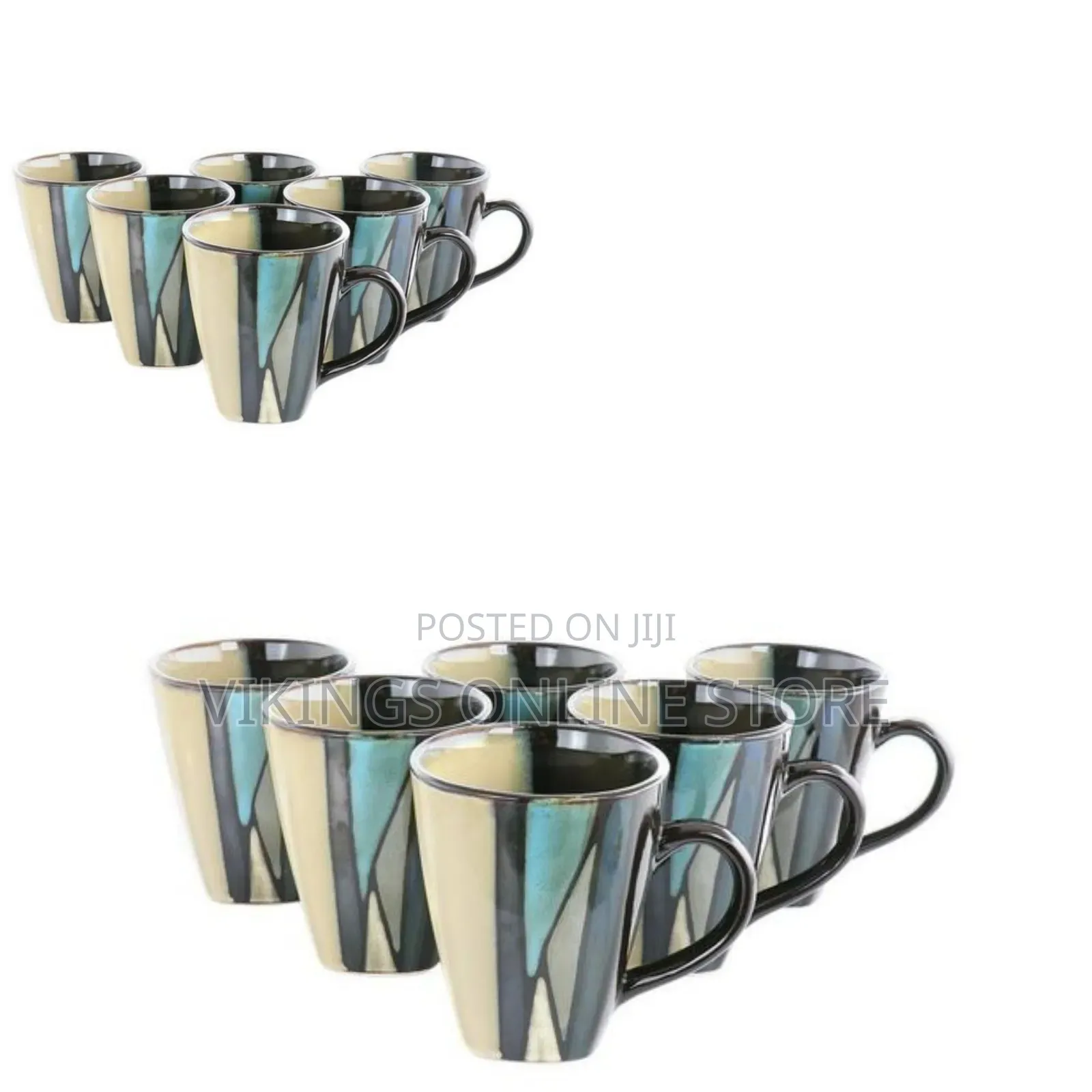 6 Pieces of Ceramic Blue Lined Square Coffee Tea Cups Drinking Mugs