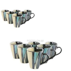 6 Pieces of Ceramic Blue Lined Square Coffee Tea Cups Drinking Mugs