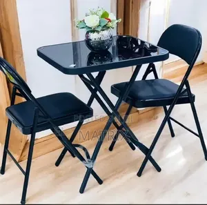 Dining Glass Foldable Table and 2 Leather Chairs