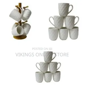 6 Pieces of Tea Coffee Cups Mugs on Wooden Stand - White