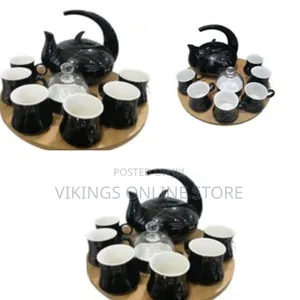 8 Pc Cuppucino Tea Coffee Mugs Cups, Teapot and Bamboo Tray Set- Black