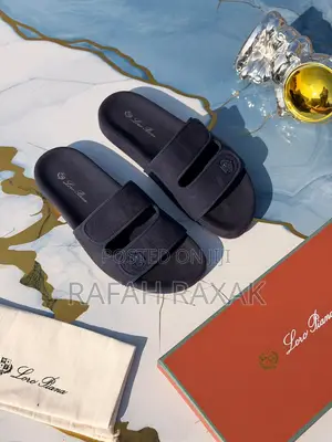 Navy Blue Suede Version of Loro Piana Bouble Strap Slide Sandals