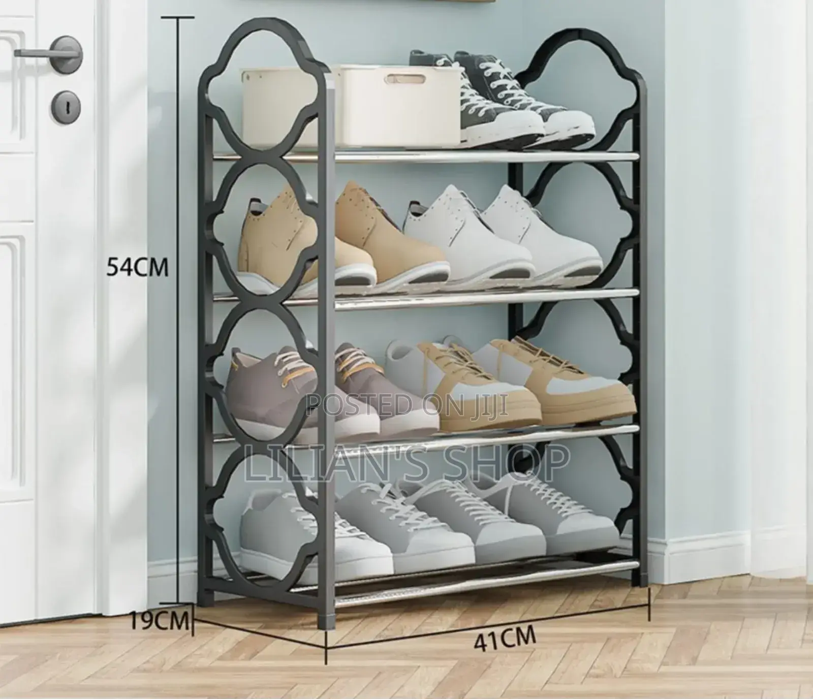 4-Tier Black Foldable Metal and Plastic Shoe Rack