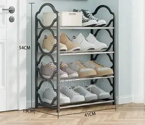 4-Tier Black Foldable Metal and Plastic Shoe Rack