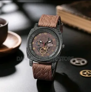 Men's Fashion Business Hollow Dial Triple-Eye Vintage Leather Watch