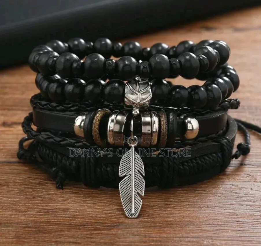 4 Men's Dark Leather Beaded Adjustable Bracelets.