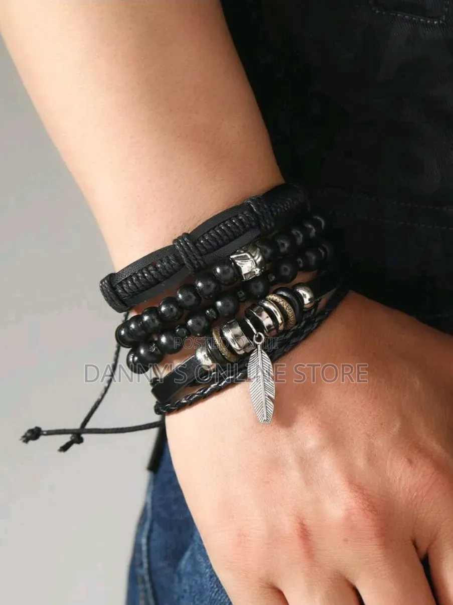 4 Men's Dark Leather Beaded Adjustable Bracelets.