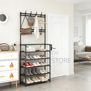 5-Tier Multifunctional Shoe and Hat Rack With Metal Hooks.