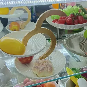 3 Tier Ceramic Cupcake Dessert Serving Plate Stand With Bamboo Base