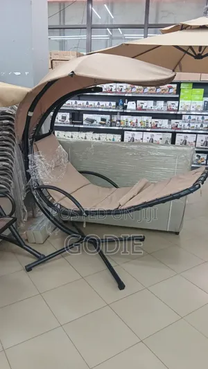 Beige,Coated Steel Hanging Chaise Lounge Chair With a Built-in Canopy