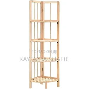 4-shelf Folding Solid Wood Corner Bookcase- Brown