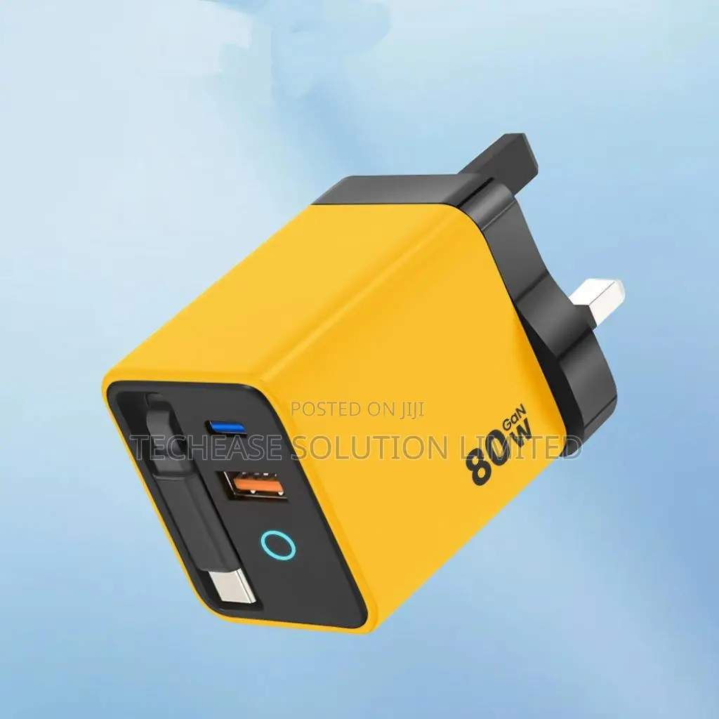 80w Gan Charger With Retractable Type-C Cable Fast Charging Adapter