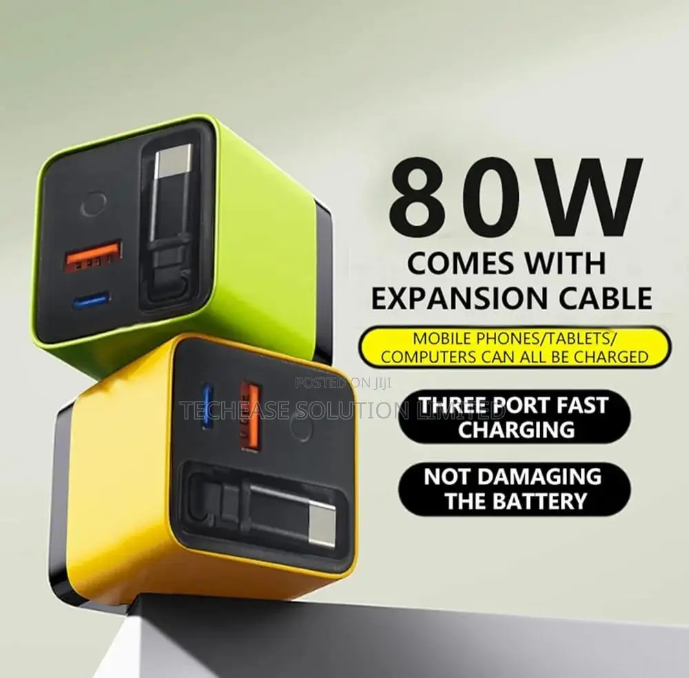 80w Gan Charger With Retractable Type-C Cable Fast Charging Adapter