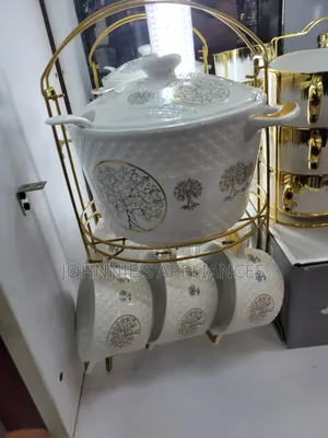 Elegant Ceramic Soup Tureen Mug Set With Gold Stand – White Tree