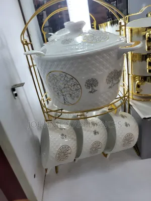 Elegant Ceramic Soup Tureen Mug Set With Gold Stand – White Tree