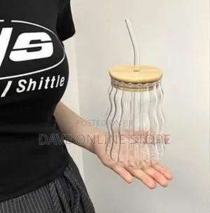 Wave Ripple Glass Drinking Tumbler With Wooden Lid and Glass Straw