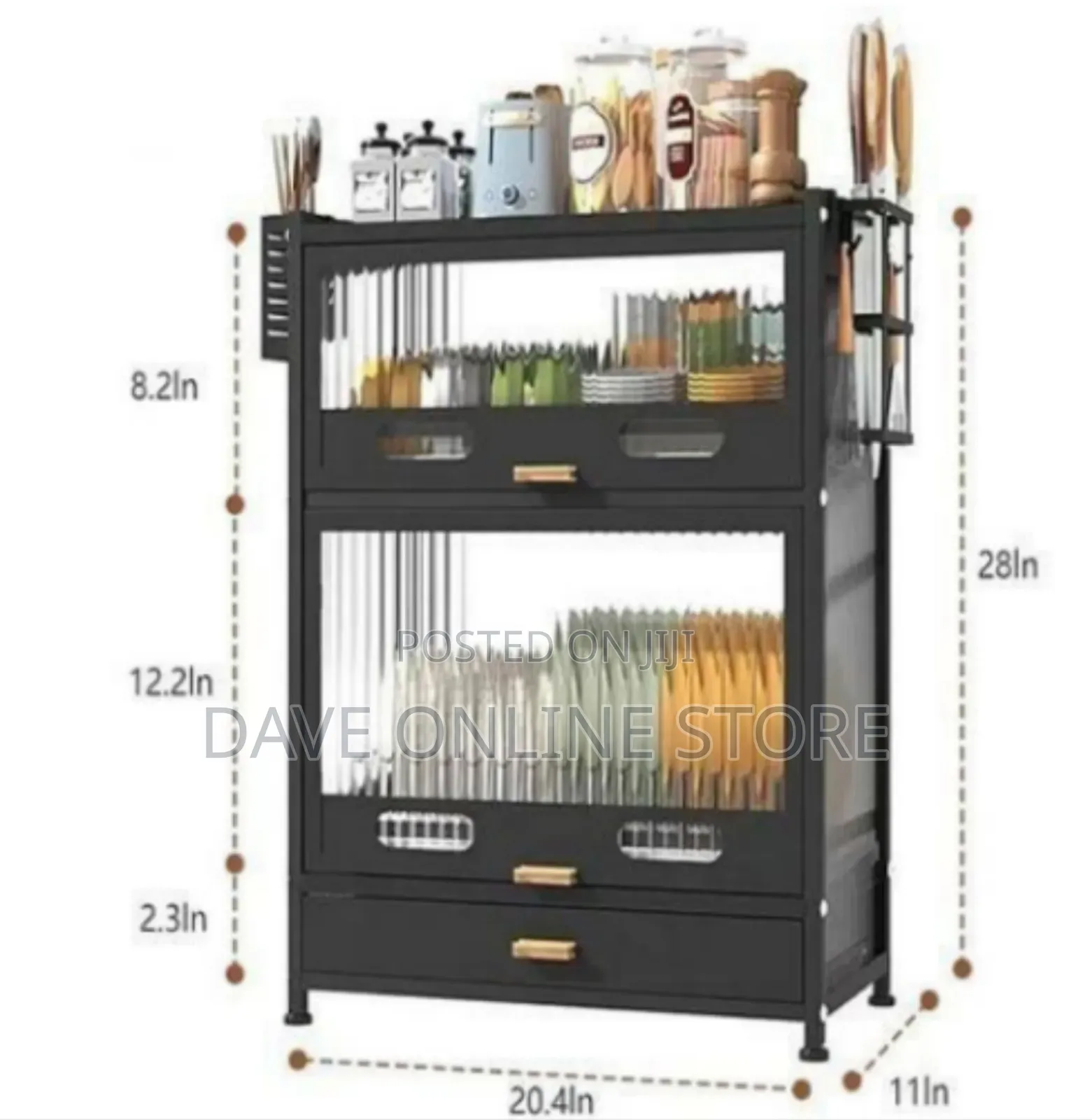 Modern Black Kitchen Storage Cabinet With Fluted Glass Doors