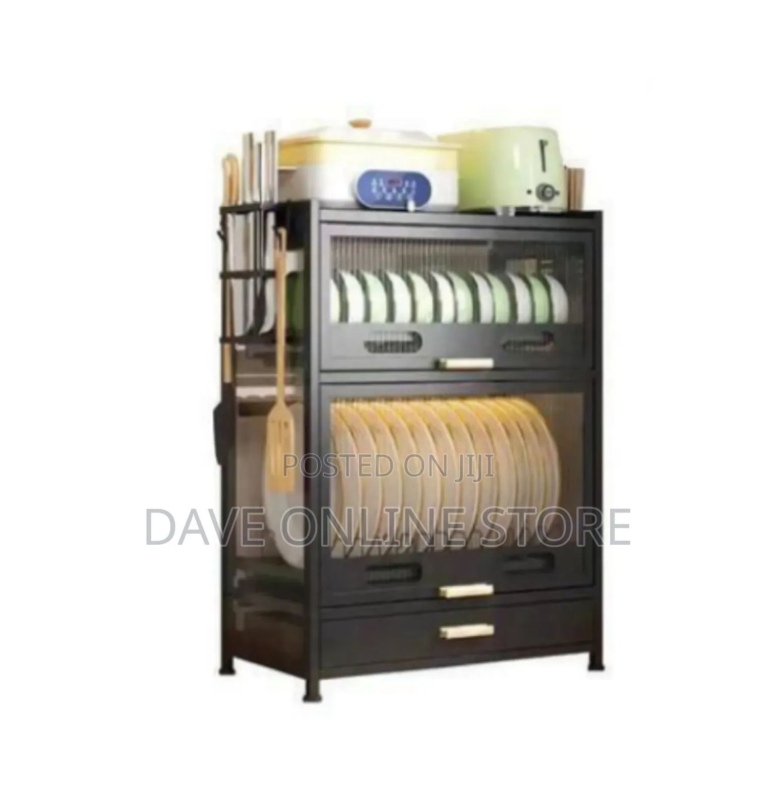 Modern Black Kitchen Storage Cabinet With Fluted Glass Doors
