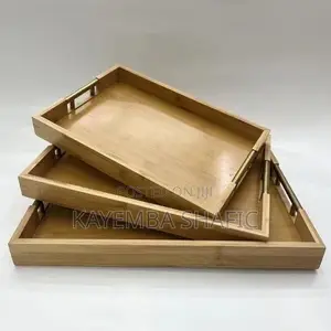 Rectangular Bamboo Serving Trays With Gold-Colored Metal Handles