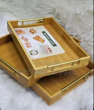 Rectangular Bamboo Serving Trays With Gold-Colored Metal Handles